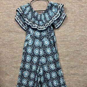 Kopal Jumpsuit Womens XS Blue Geometric Ruffle Off Shoulder Wide Leg Boho Casual